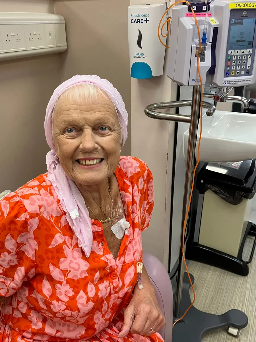 Linda smiling in the chemotherapy unit
